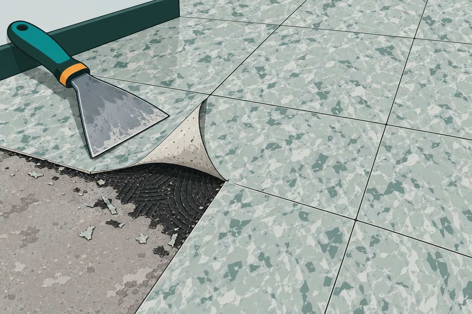 Illustration: Floor-Flex-Platte an der Ecke angehoben, darunter schwarzer Kleber